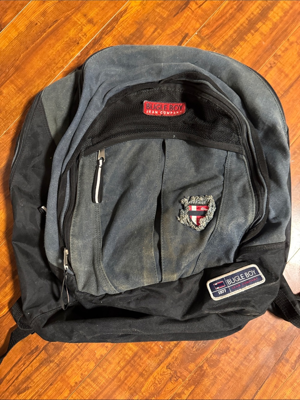 Bugle Boy Black and Gray Canvas Backpack with Crest Patch